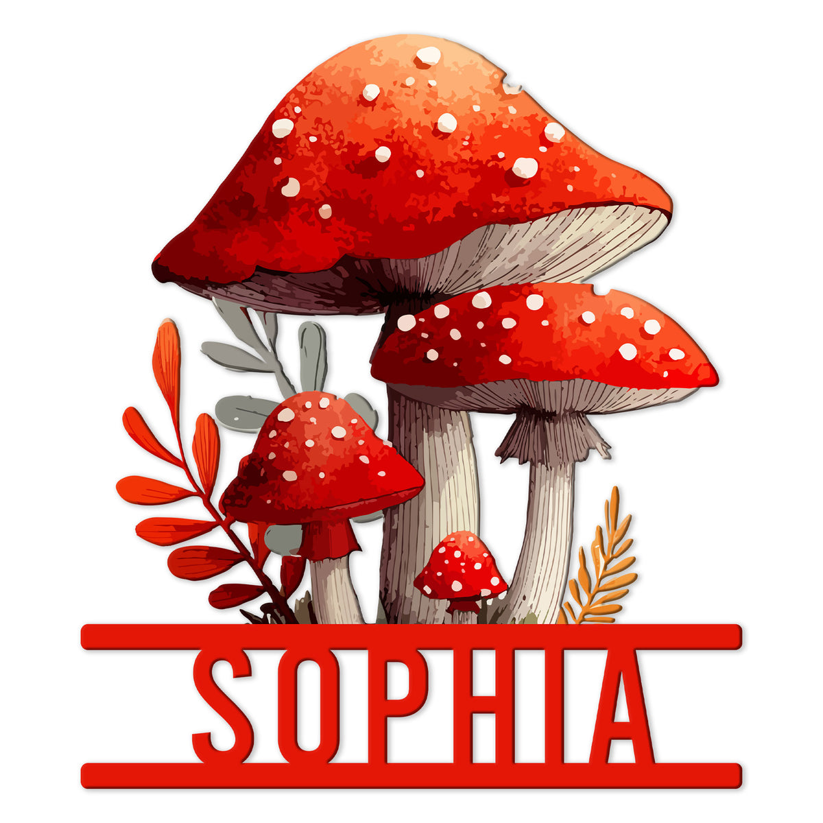 Custom mushroom metal sign featuring a vibrant cluster of red spotted mushrooms and botanical accents