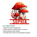 Red spotted mushroom metal sign shown with product features and installation options