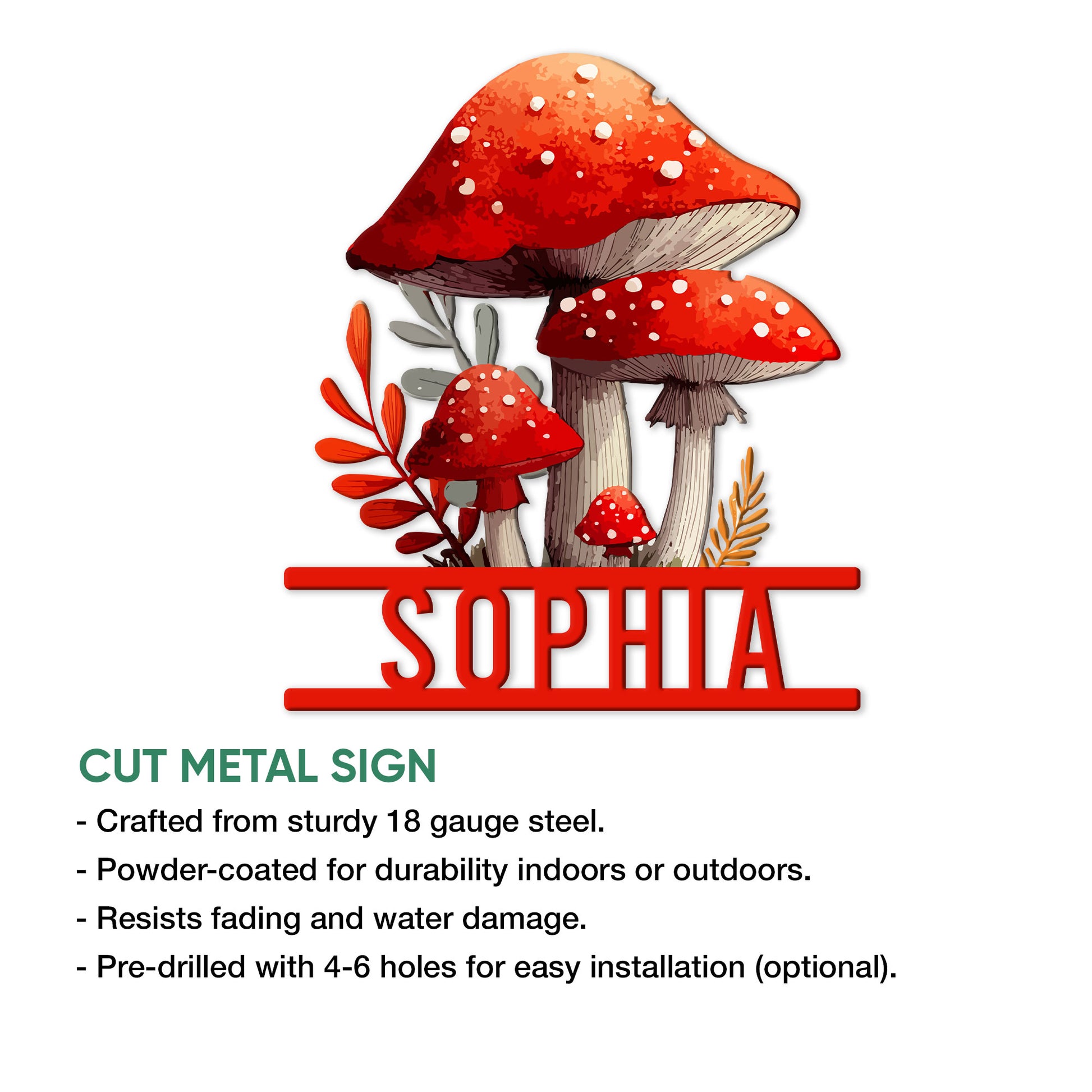 Red spotted mushroom metal sign shown with product features and installation options