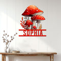 Mushroom wall decor displayed on a bright paneled wall above a wooden console table