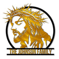 Christian metal sign featuring a gold-toned portrait of Jesus wearing a crown of thorns