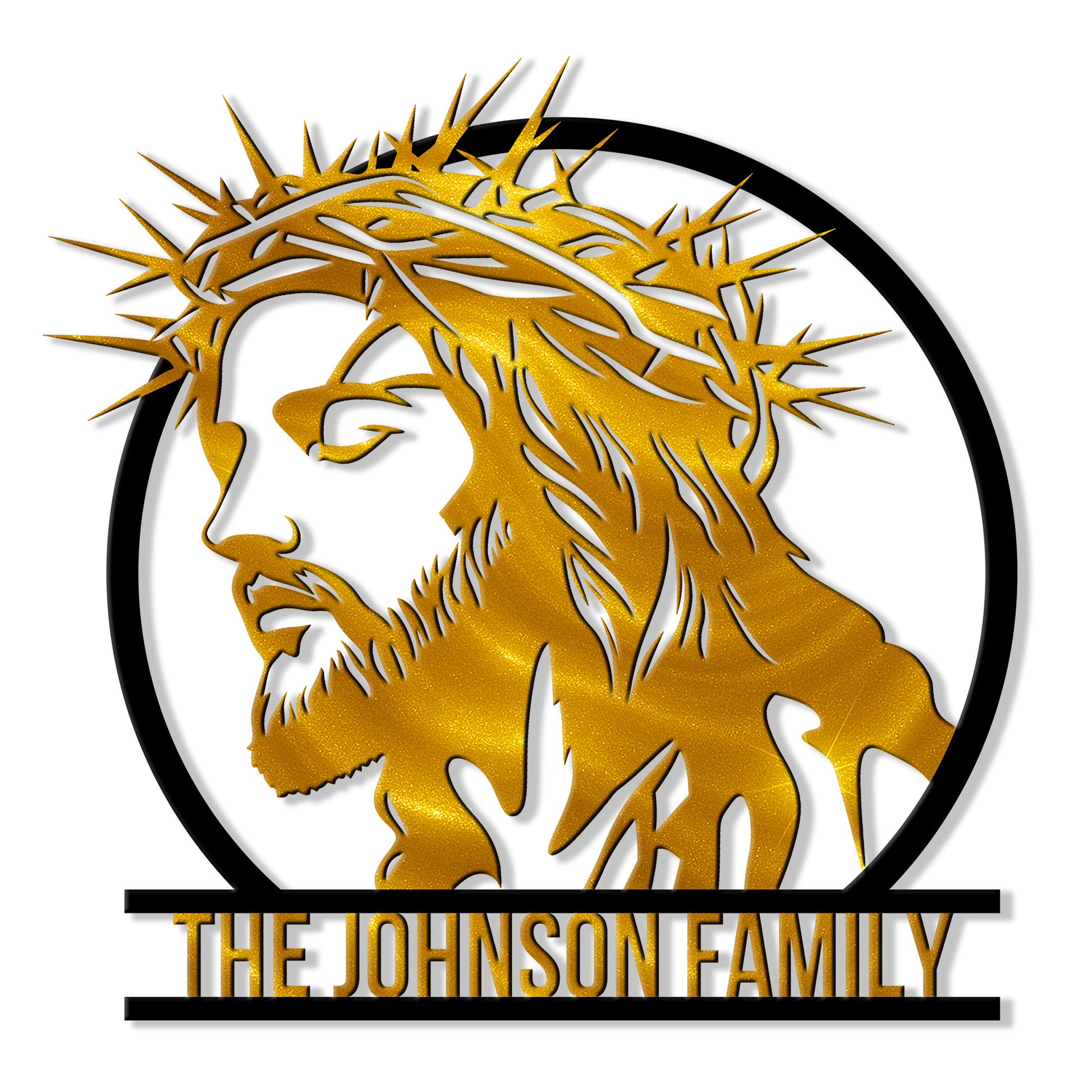 Christian metal sign featuring a gold-toned portrait of Jesus wearing a crown of thorns