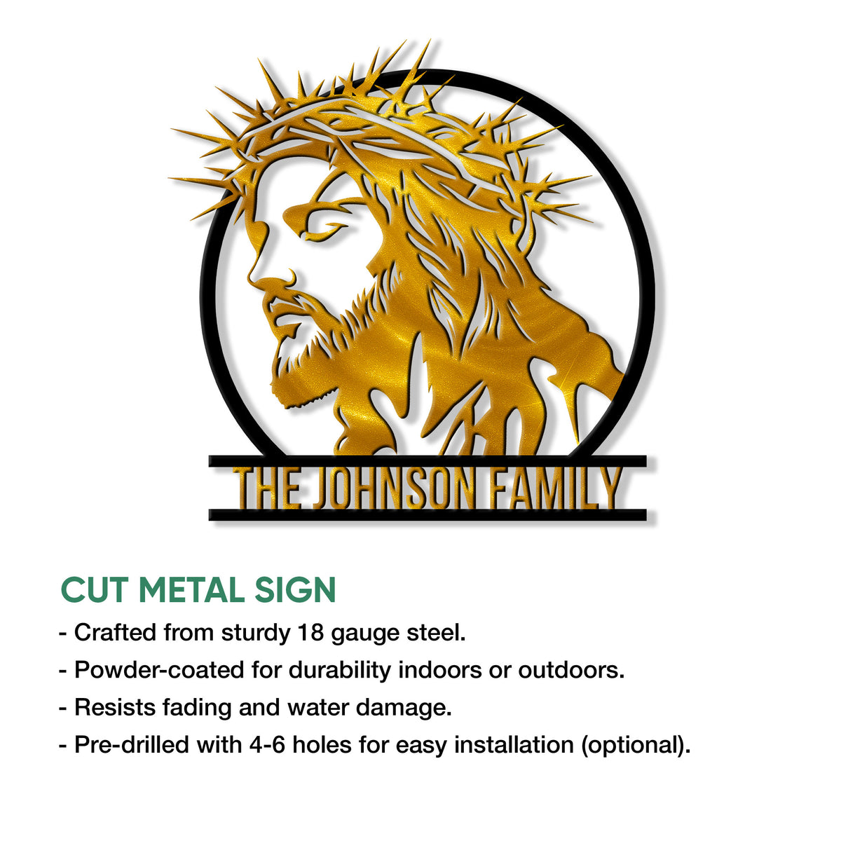 Christian Jesus portrait metal sign shown with a cut-metal sign feature infographic