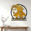Gold Jesus crown of thorns metal sign displayed as Christian wall decor in a bright home
