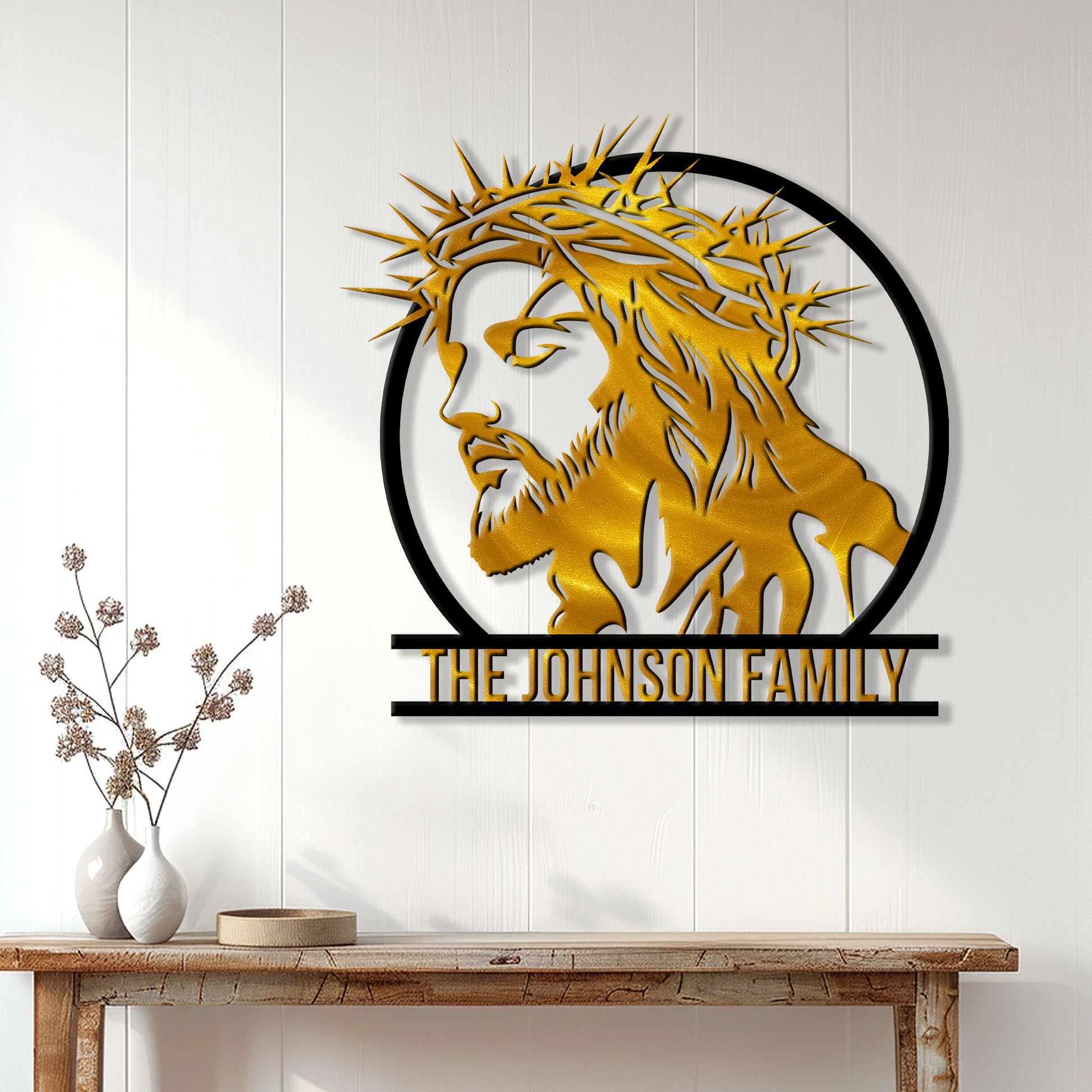 Gold Jesus crown of thorns metal sign displayed as Christian wall decor in a bright home