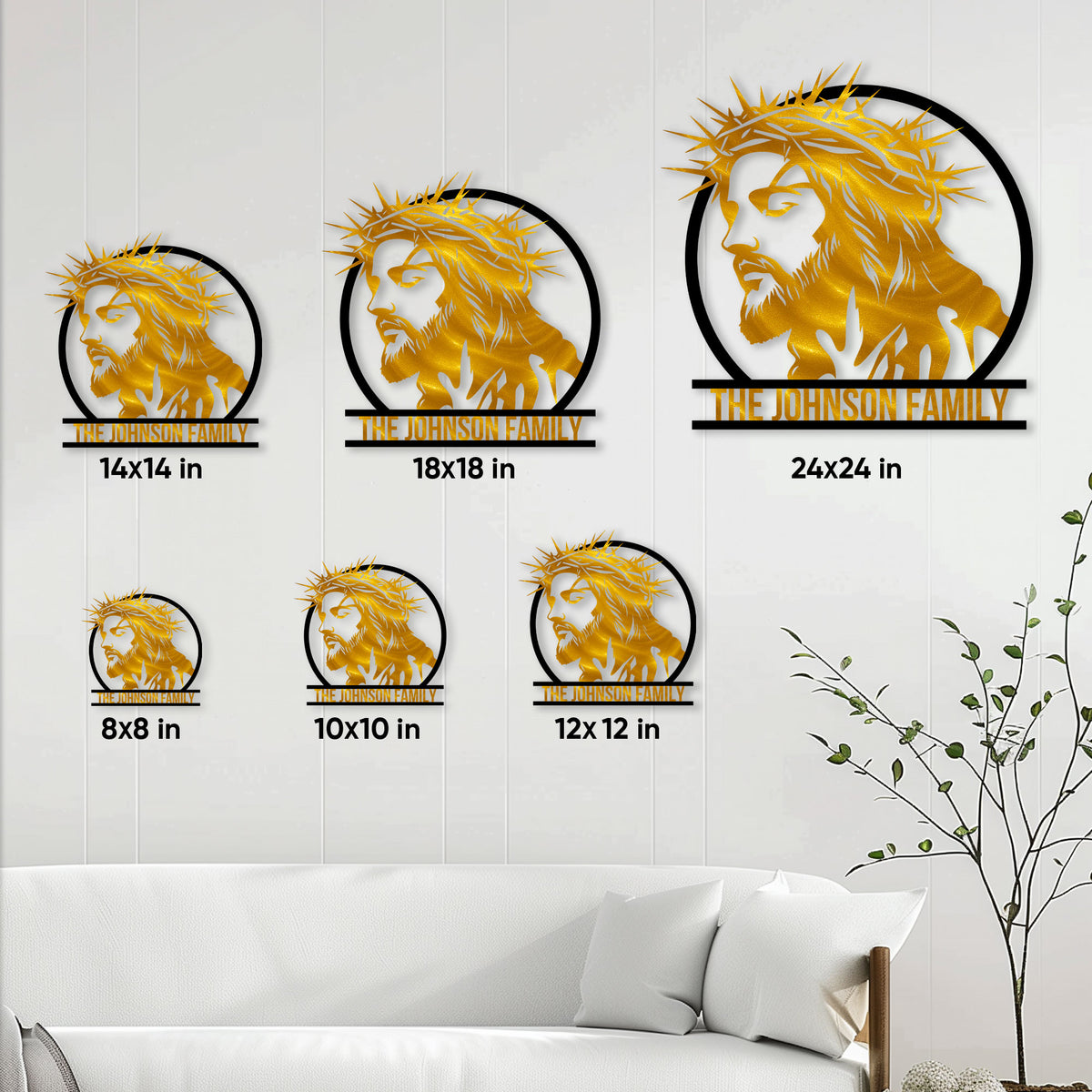 Christian Jesus metal sign displayed in multiple size options from 8x8 to 24x24 inches