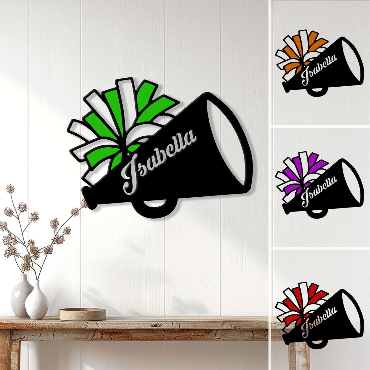 Custom cheerleading metal sign featuring a black megaphone and colorful pom poms displayed on a wall
