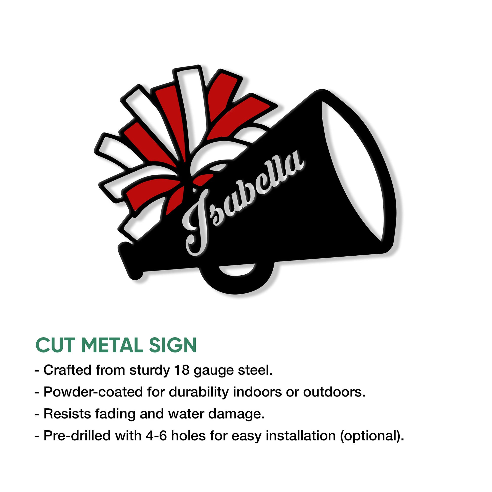 Cheerleading megaphone cut metal sign shown with red pom poms and product feature information