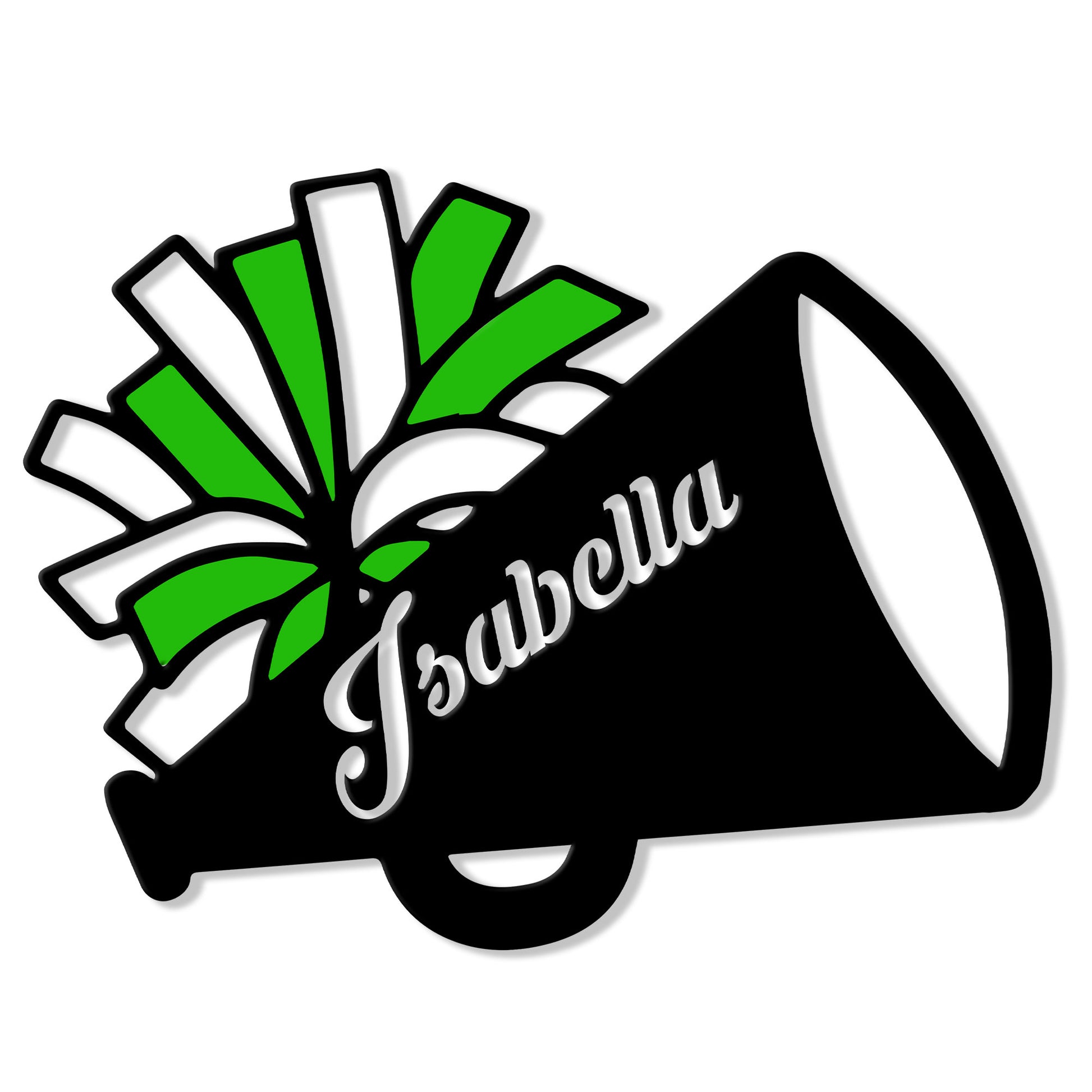 Close-up of a black cheerleading megaphone sign with bright green and white pom poms