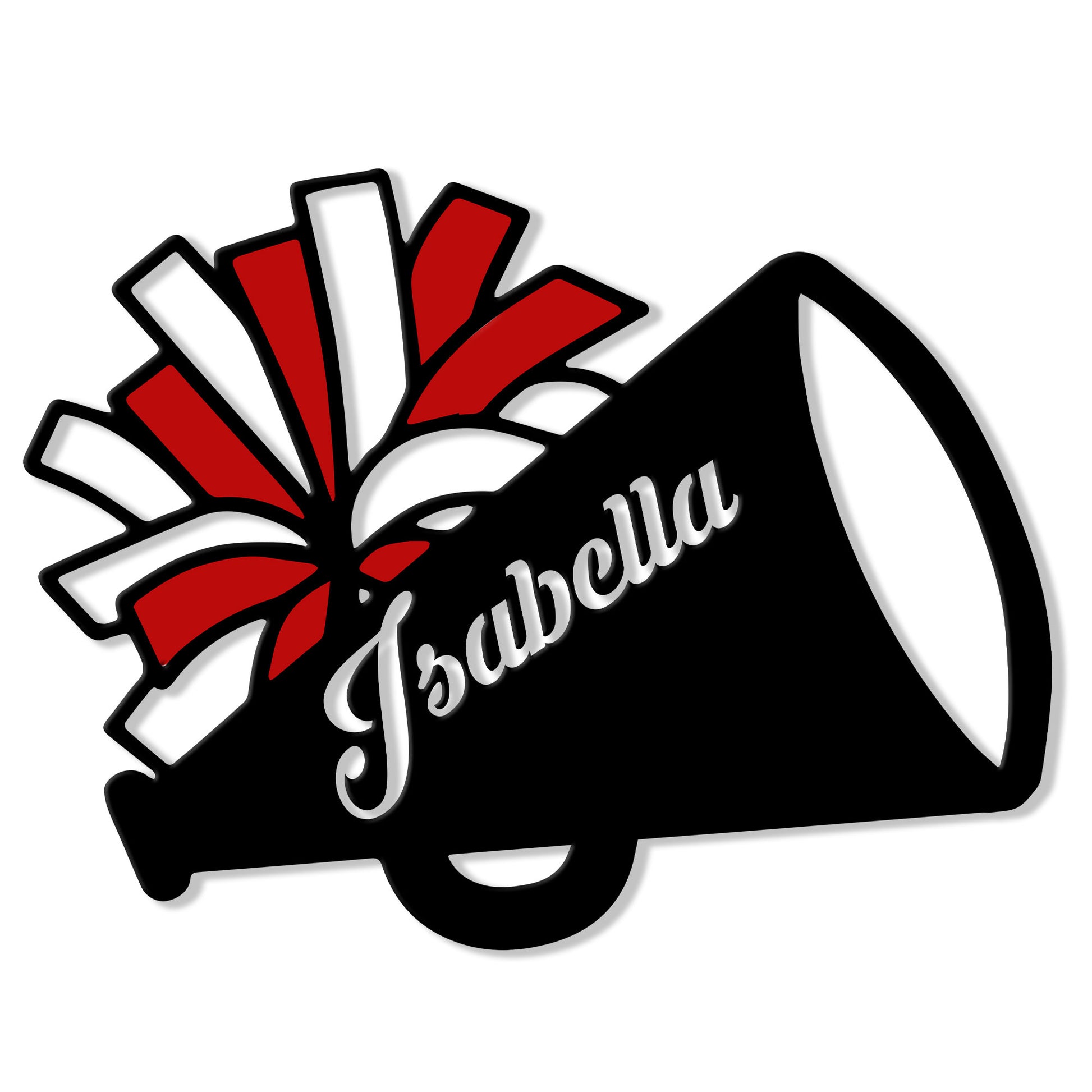 Close-up of a black cheerleading megaphone sign with bold red and white pom poms