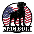 Black Labrador Retriever metal sign with an American flag background and bold circular silhouette design
