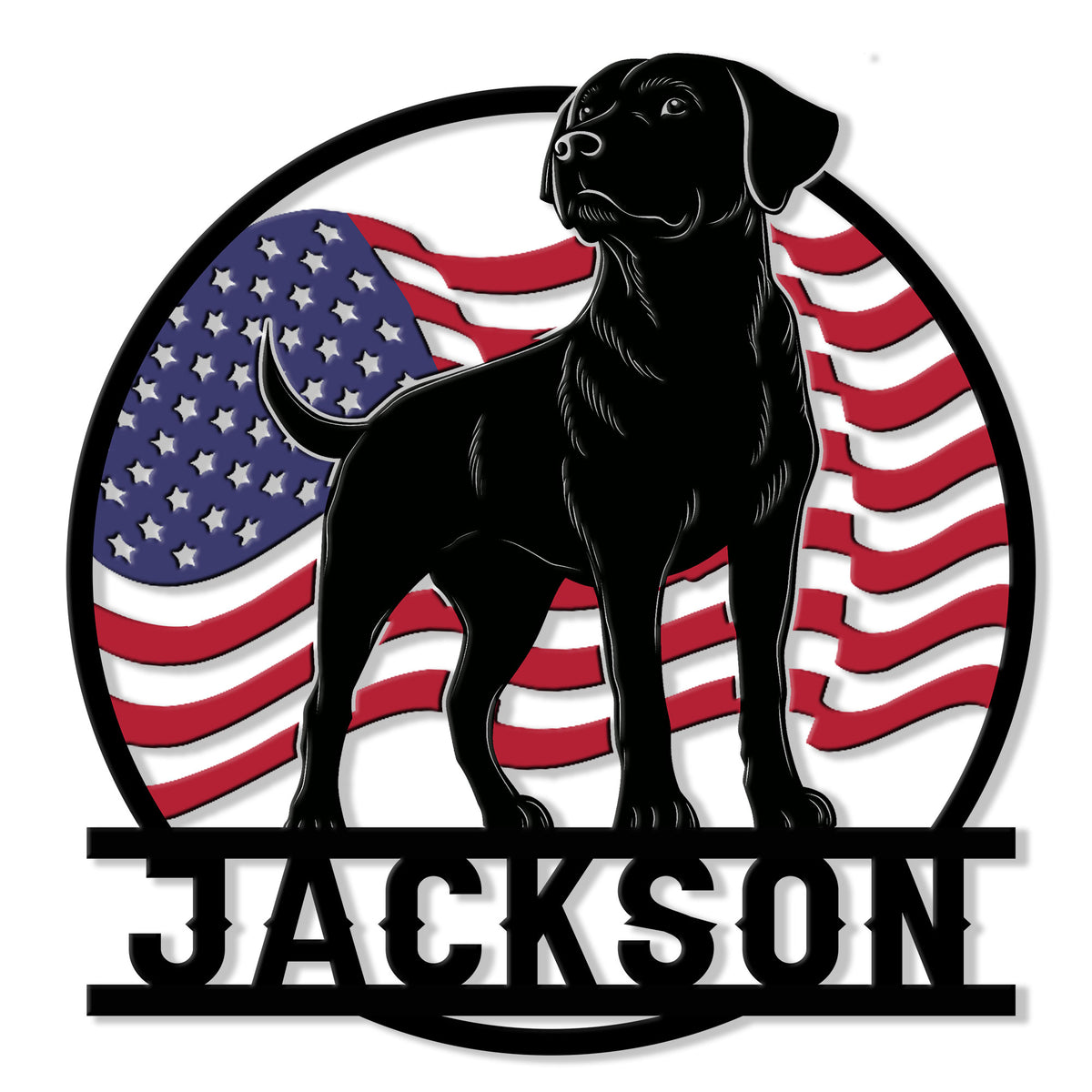Black Labrador Retriever metal sign with an American flag background and bold circular silhouette design