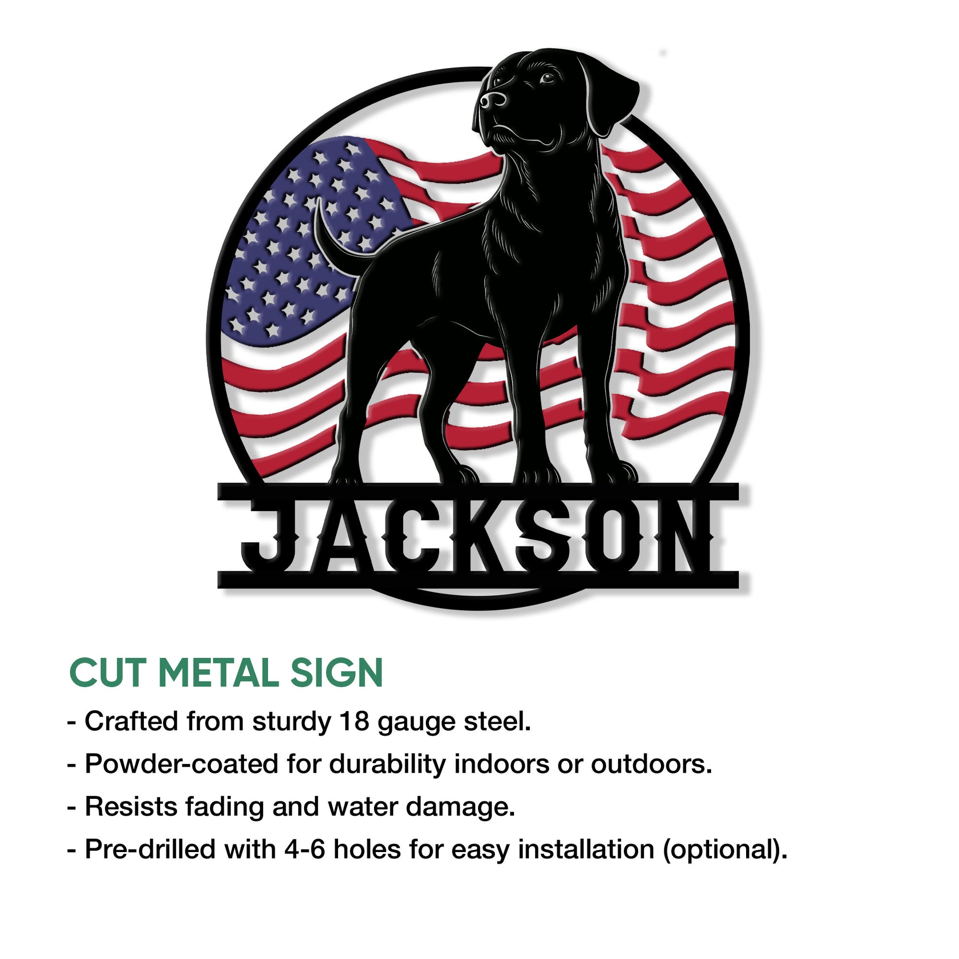 Patriotic Labrador Retriever metal sign shown as a cut metal wall decor design for dog lovers