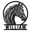 Detailed black and white horse head metal sign with flowing mane and circular frame for equestrian decor