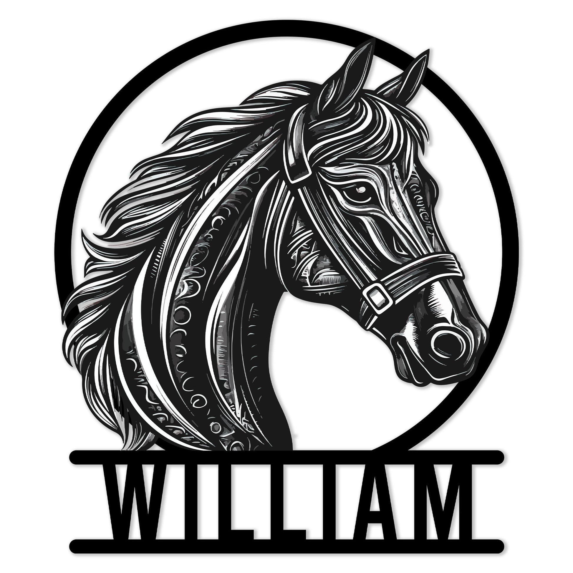 Detailed black and white horse head metal sign with flowing mane and circular frame for equestrian decor