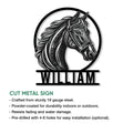 Horse head cut metal sign shown in a product feature graphic with indoor and outdoor display details