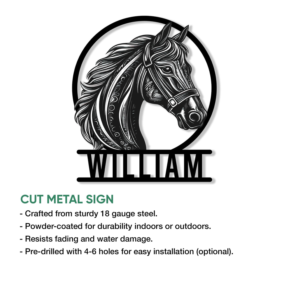 Horse head cut metal sign shown in a product feature graphic with indoor and outdoor display details