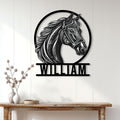 Horse metal sign displayed on a bright paneled wall above a rustic console table in an equestrian home