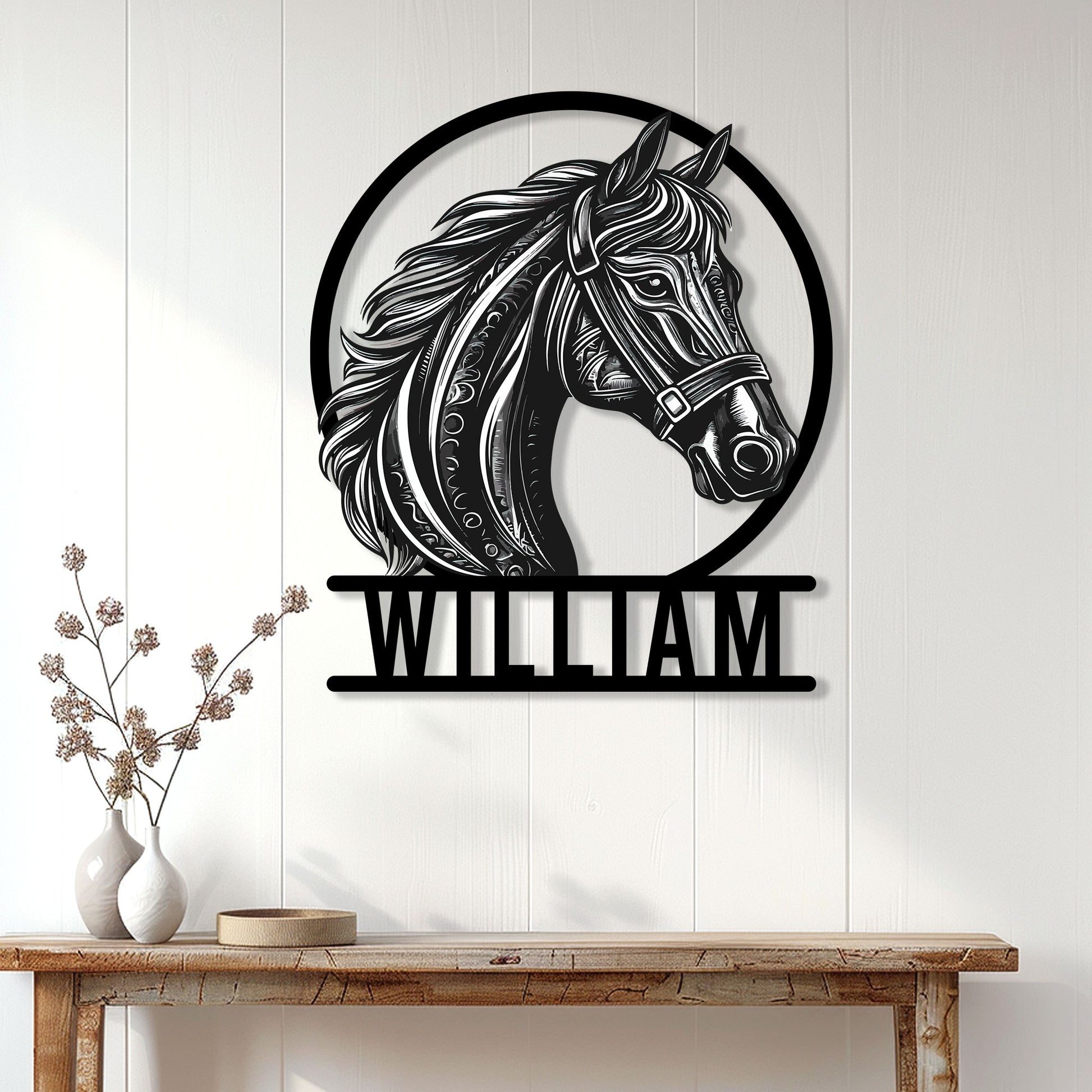 Horse metal sign displayed on a bright paneled wall above a rustic console table in an equestrian home