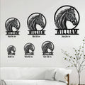 Horse head metal sign displayed in multiple size options on a paneled wall above a sofa