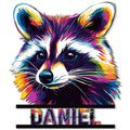 Colorful pop art raccoon metal sign featuring a bold close-up wildlife portrait