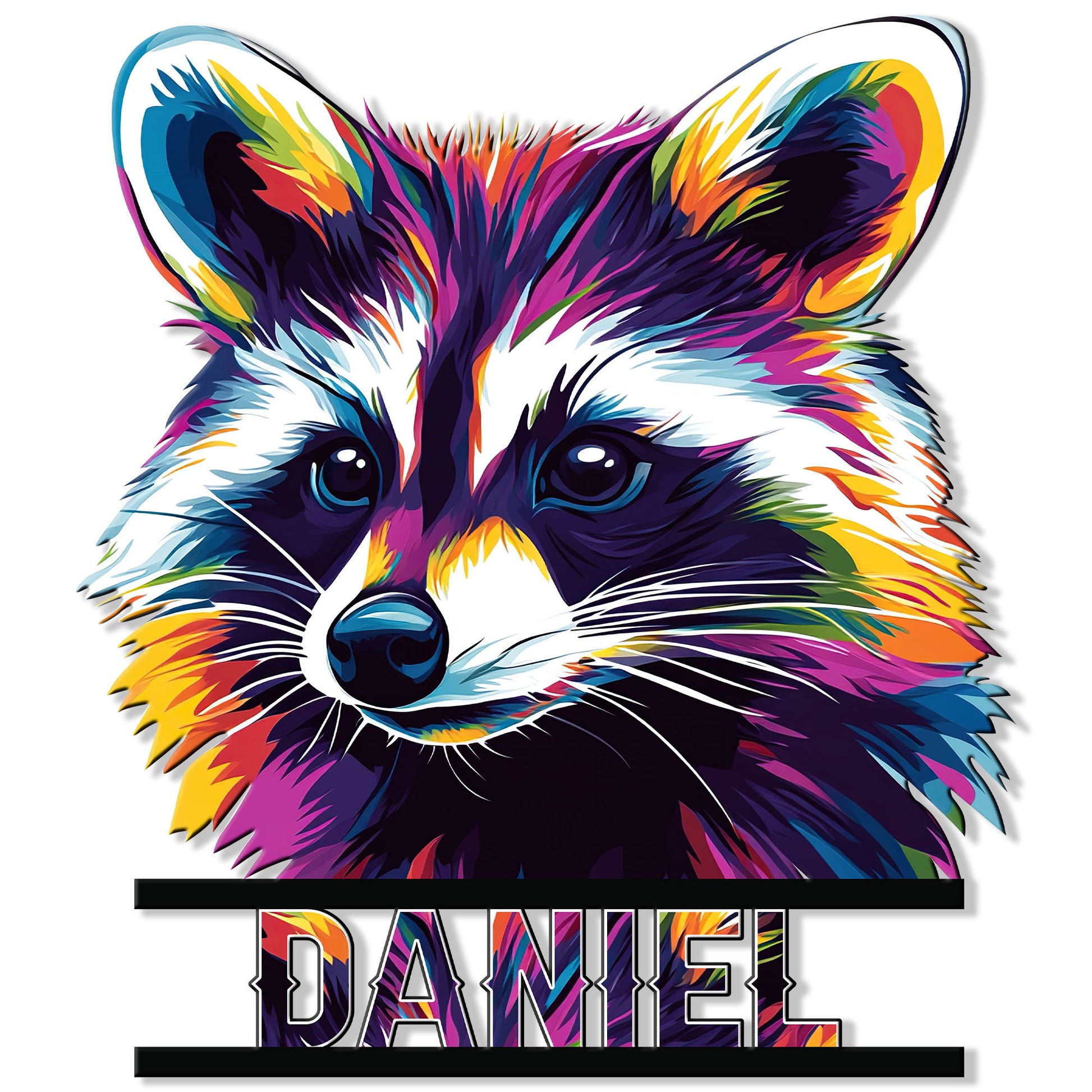 Colorful pop art raccoon metal sign featuring a bold close-up wildlife portrait