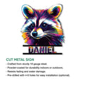 Colorful raccoon cut metal sign displayed with an accompanying product feature overview