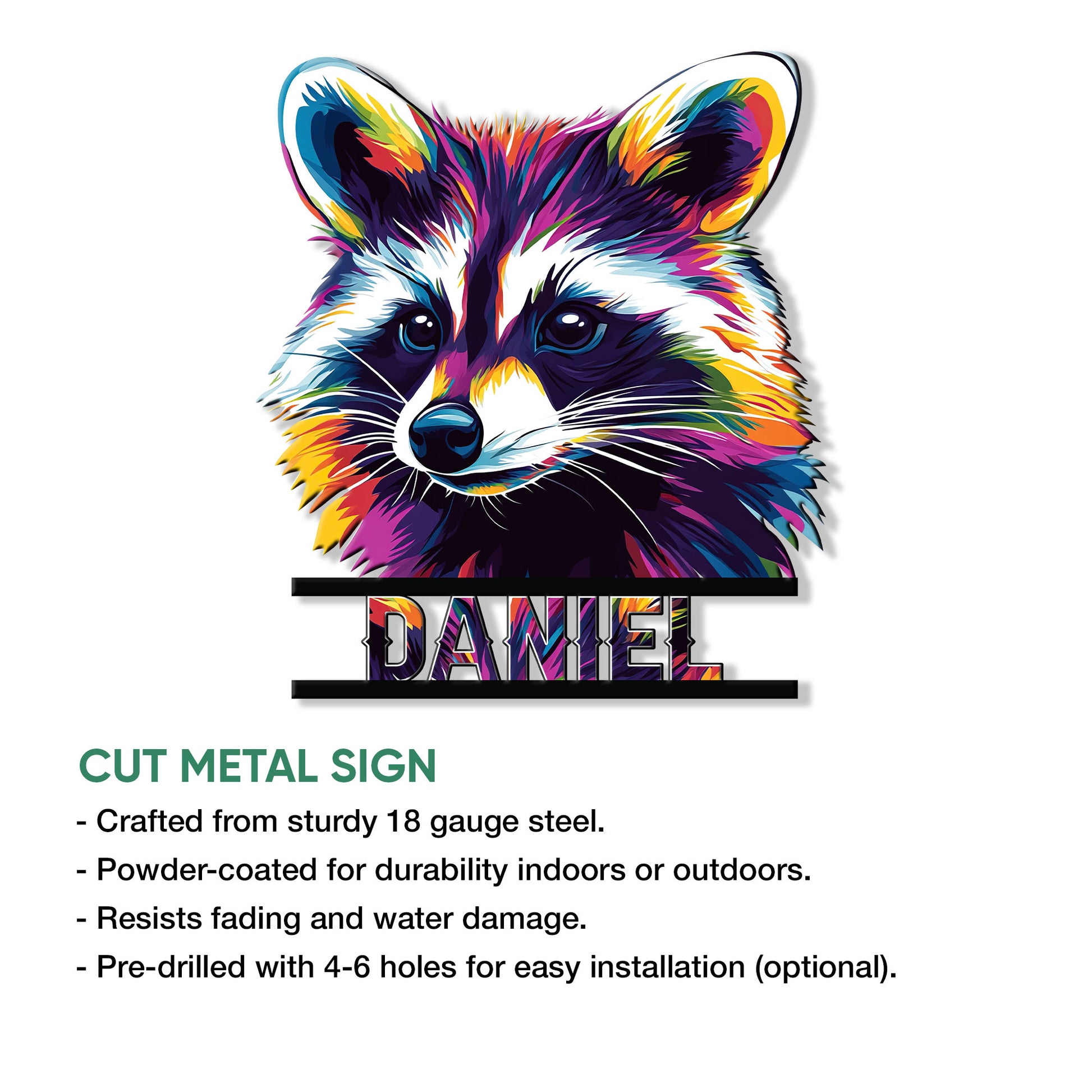 Colorful raccoon cut metal sign displayed with an accompanying product feature overview