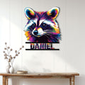 Vibrant raccoon metal wall sign styled above a console table in a bright modern room