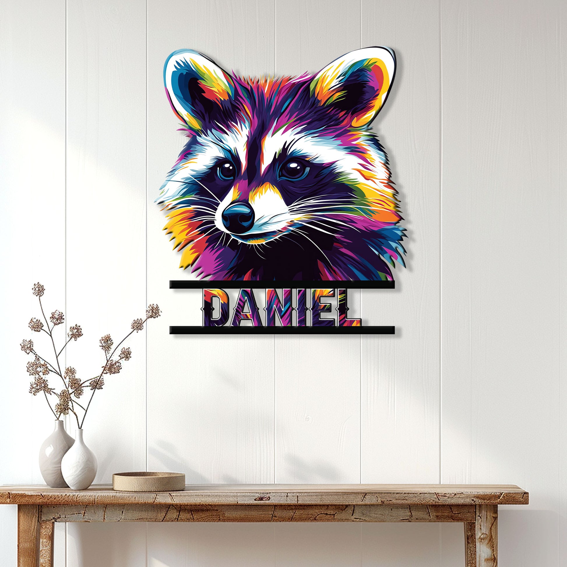 Vibrant raccoon metal wall sign styled above a console table in a bright modern room