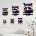 Raccoon metal sign shown in multiple size options on a living room wall