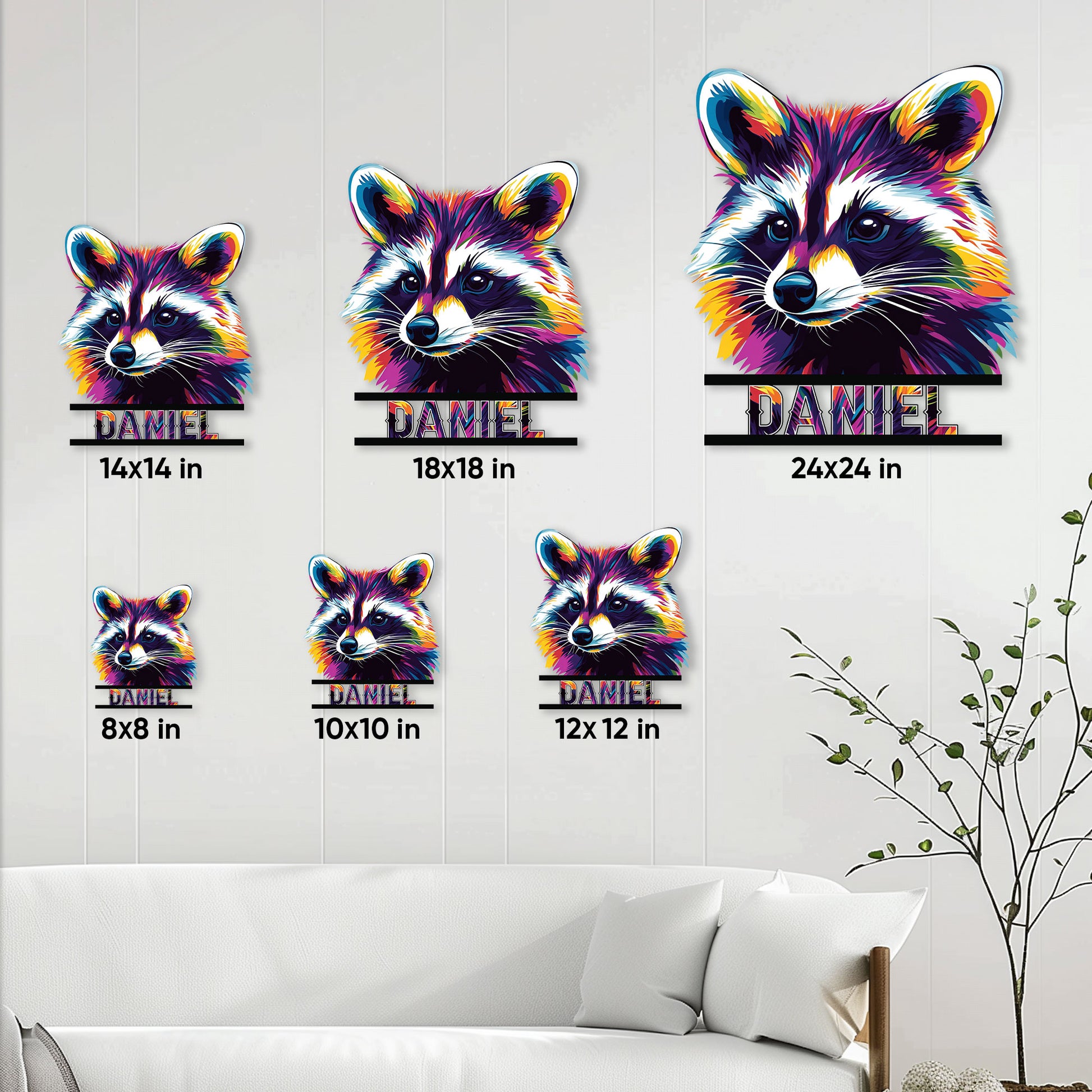 Raccoon metal sign shown in multiple size options on a living room wall