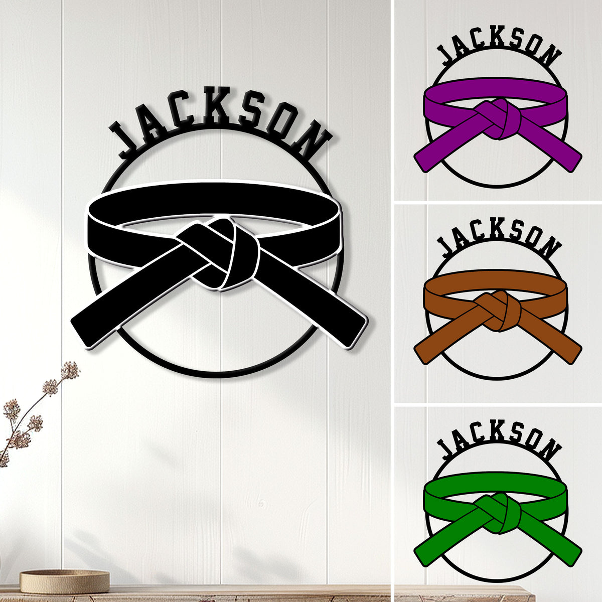 Karate belt metal sign displayed on a wall with black, purple, brown, and green belt color examples