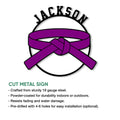 Purple karate belt cut metal sign shown with a clean product presentation and martial arts design