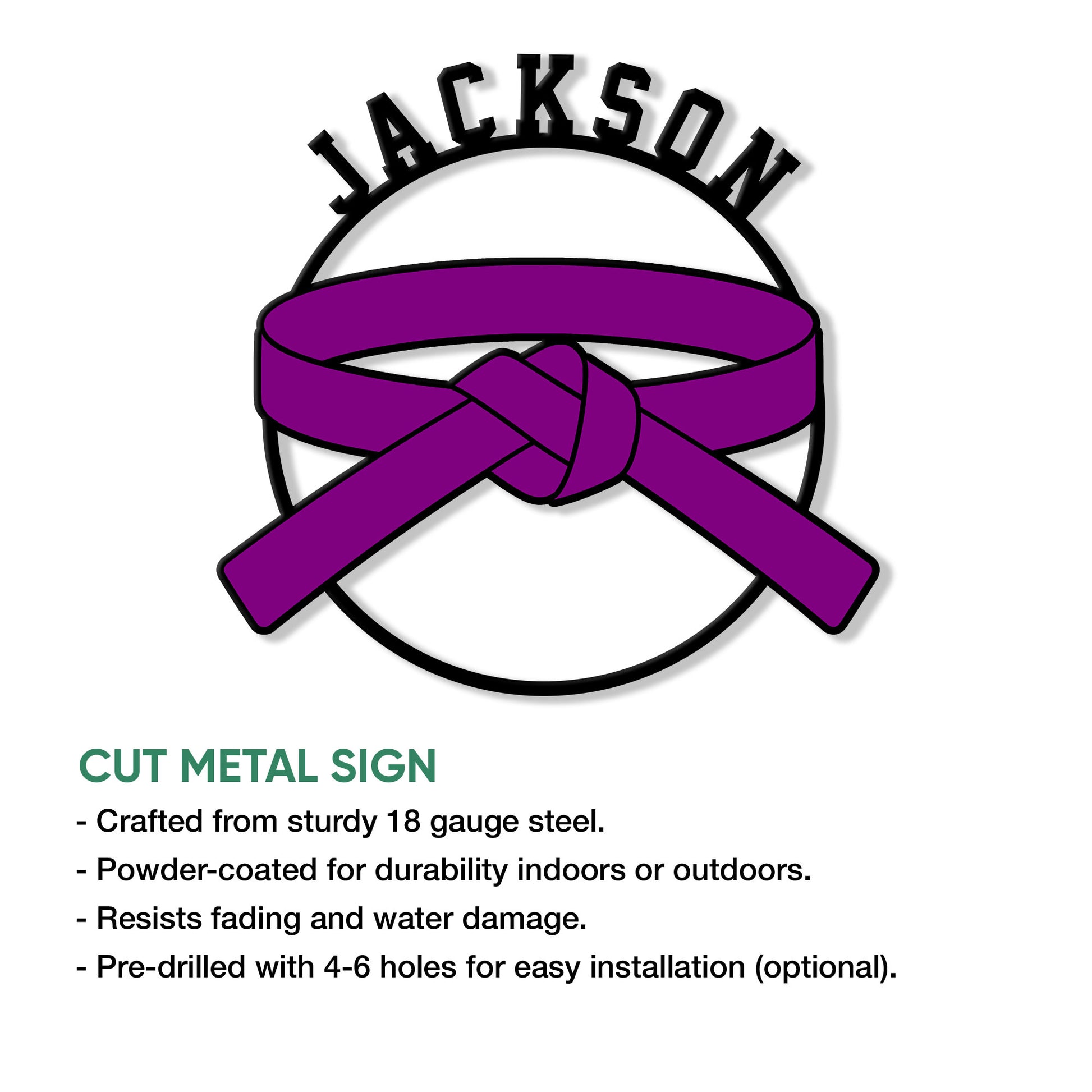 Purple karate belt cut metal sign shown with a clean product presentation and martial arts design