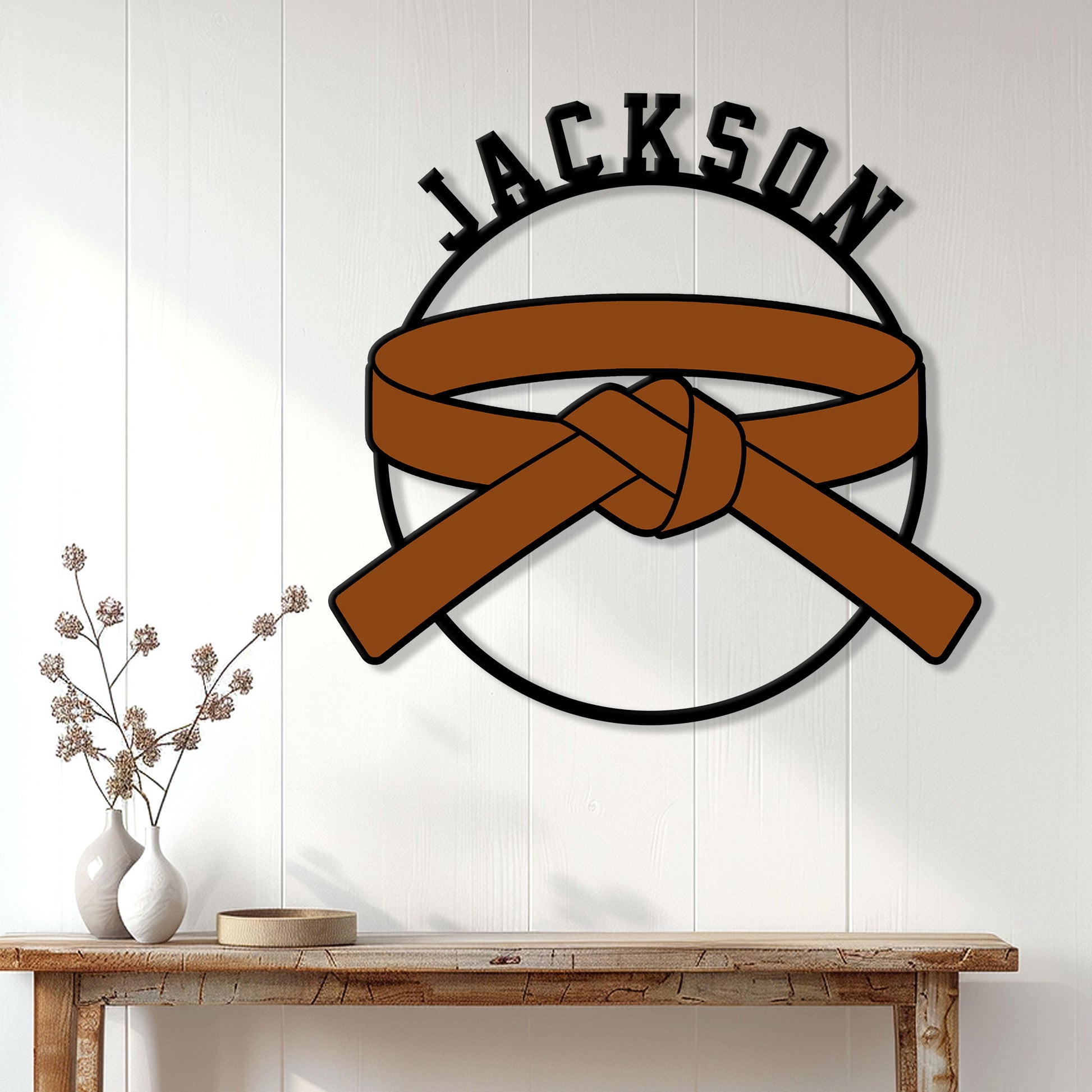 Brown karate belt metal wall sign styled in a bright home interior above a console table