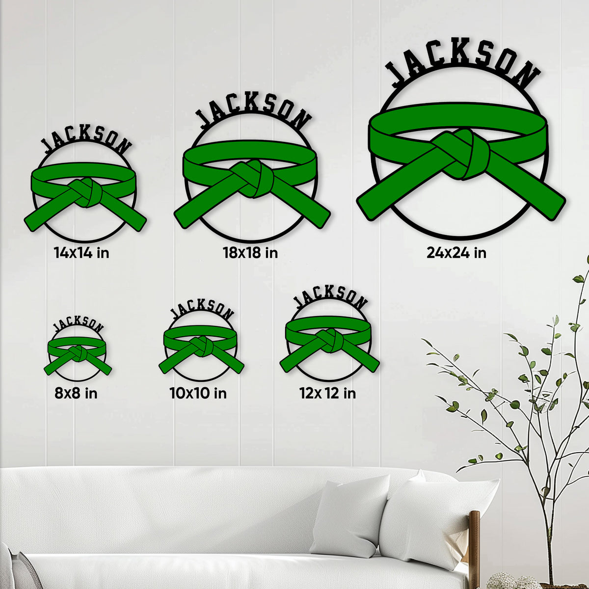 Karate belt metal sign size guide showing available square sizes from 8 by 8 to 24 by 24 inches