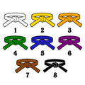 Karate belt color selection guide showing eight numbered style and color options