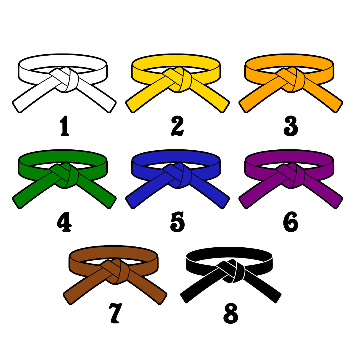 Karate belt color selection guide showing eight numbered style and color options