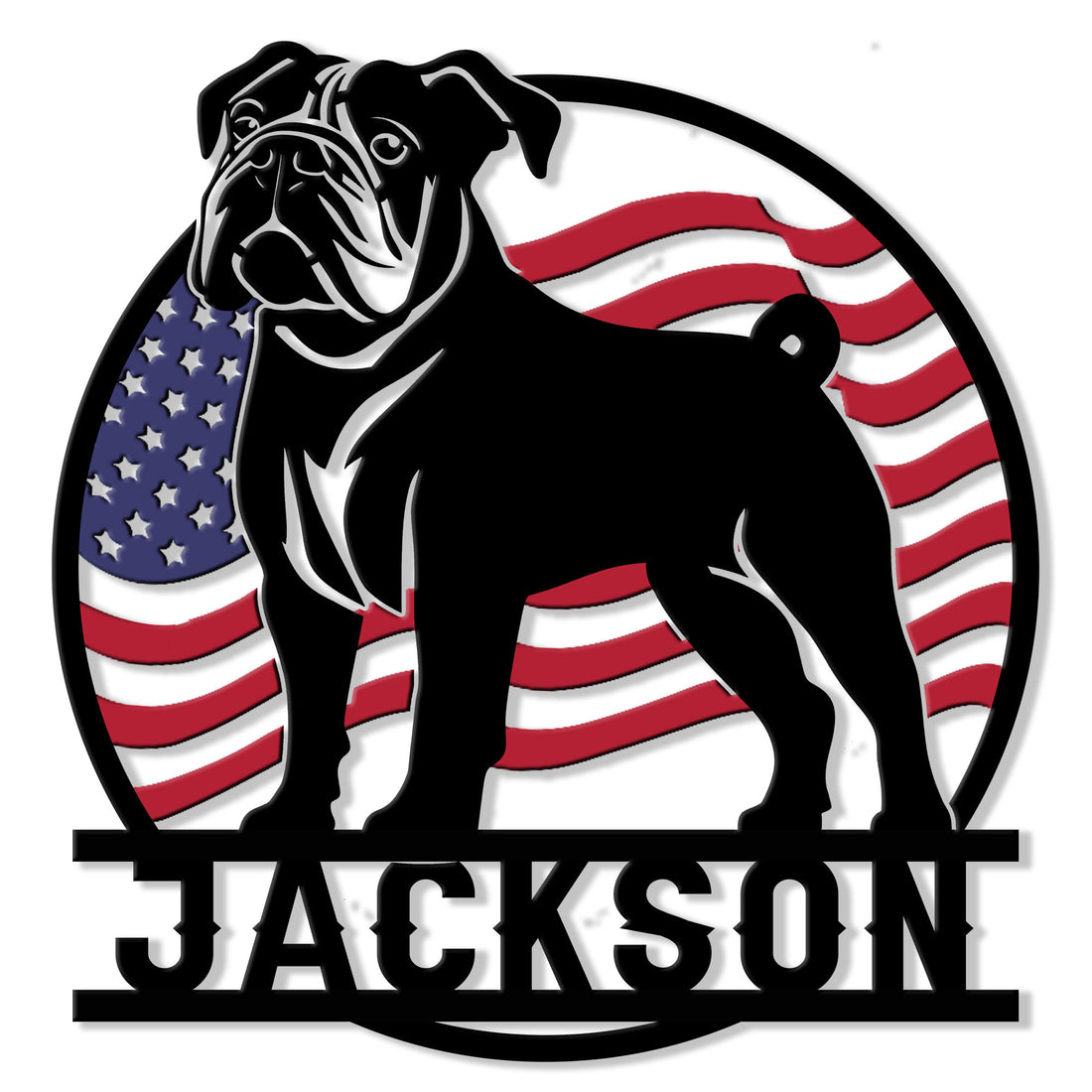 Patriotic American Bulldog metal sign featuring a bold bulldog silhouette over an American flag