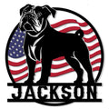 Patriotic American Bulldog metal sign featuring a bold bulldog silhouette over an American flag