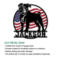 American Bulldog cut metal sign shown with product feature information and patriotic flag artwork