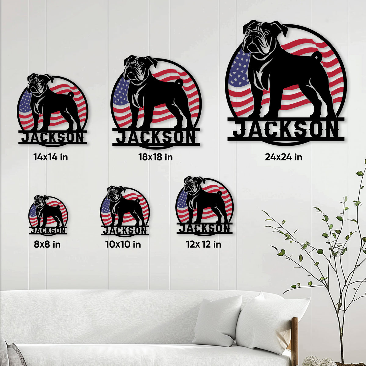 American Bulldog metal sign displayed in multiple size options on a living room wall