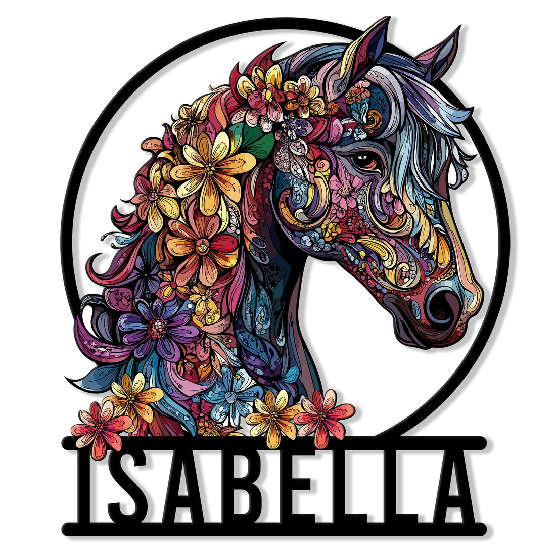 Colorful floral horse head metal sign with ornate flowers, flowing mane, and circular wall decor frame