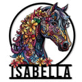 Colorful floral horse head metal sign with ornate flowers, flowing mane, and circular wall decor frame