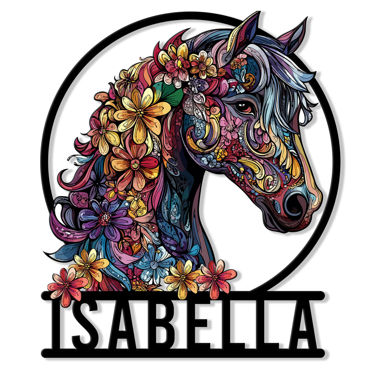 Colorful floral horse head metal sign with ornate flowers, flowing mane, and circular wall decor frame