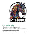 Floral horse metal sign product graphic showing the ornate equine artwork and available sign features