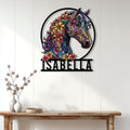 Colorful horse wall sign displayed above a console table in a bright farmhouse-style interior