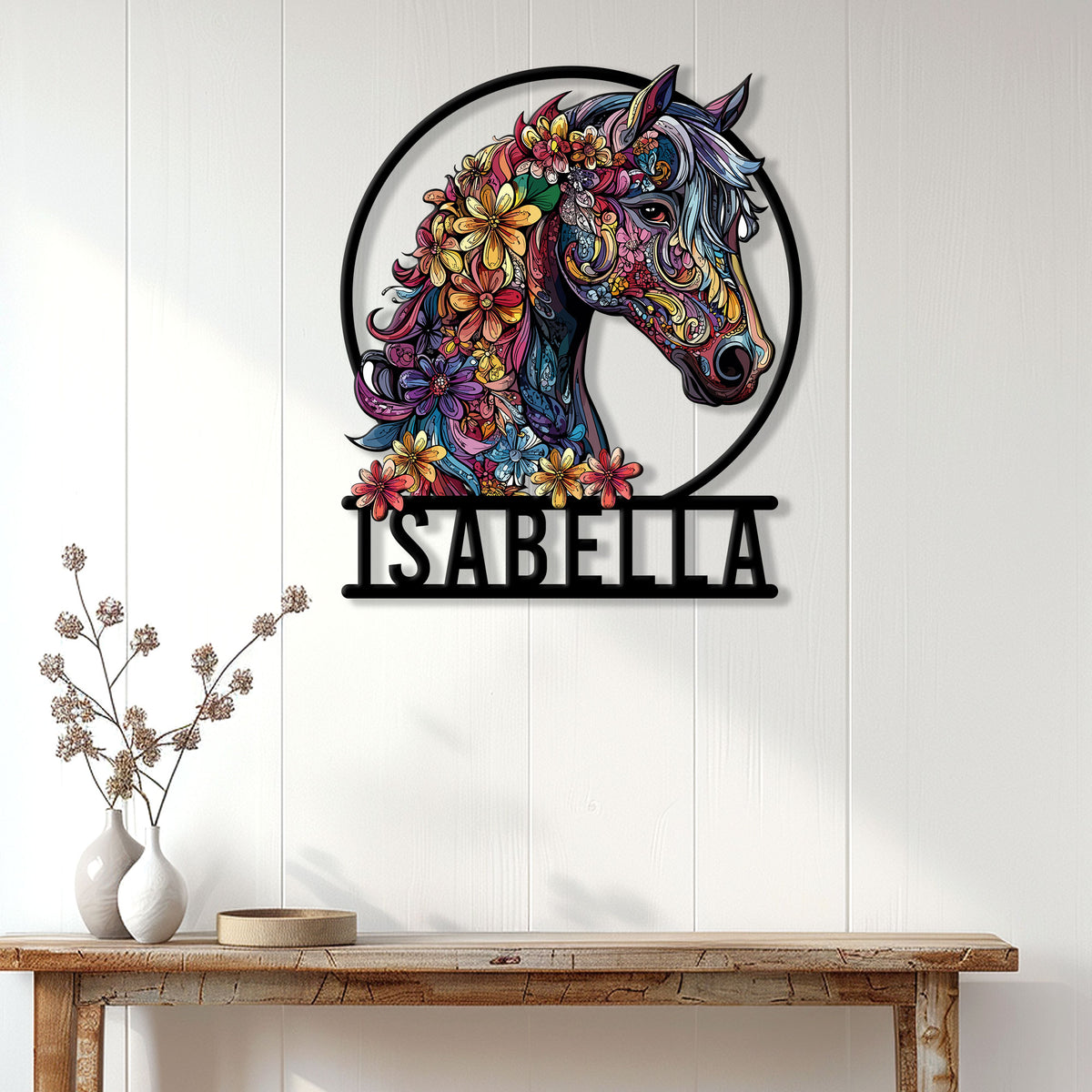 Colorful horse wall sign displayed above a console table in a bright farmhouse-style interior