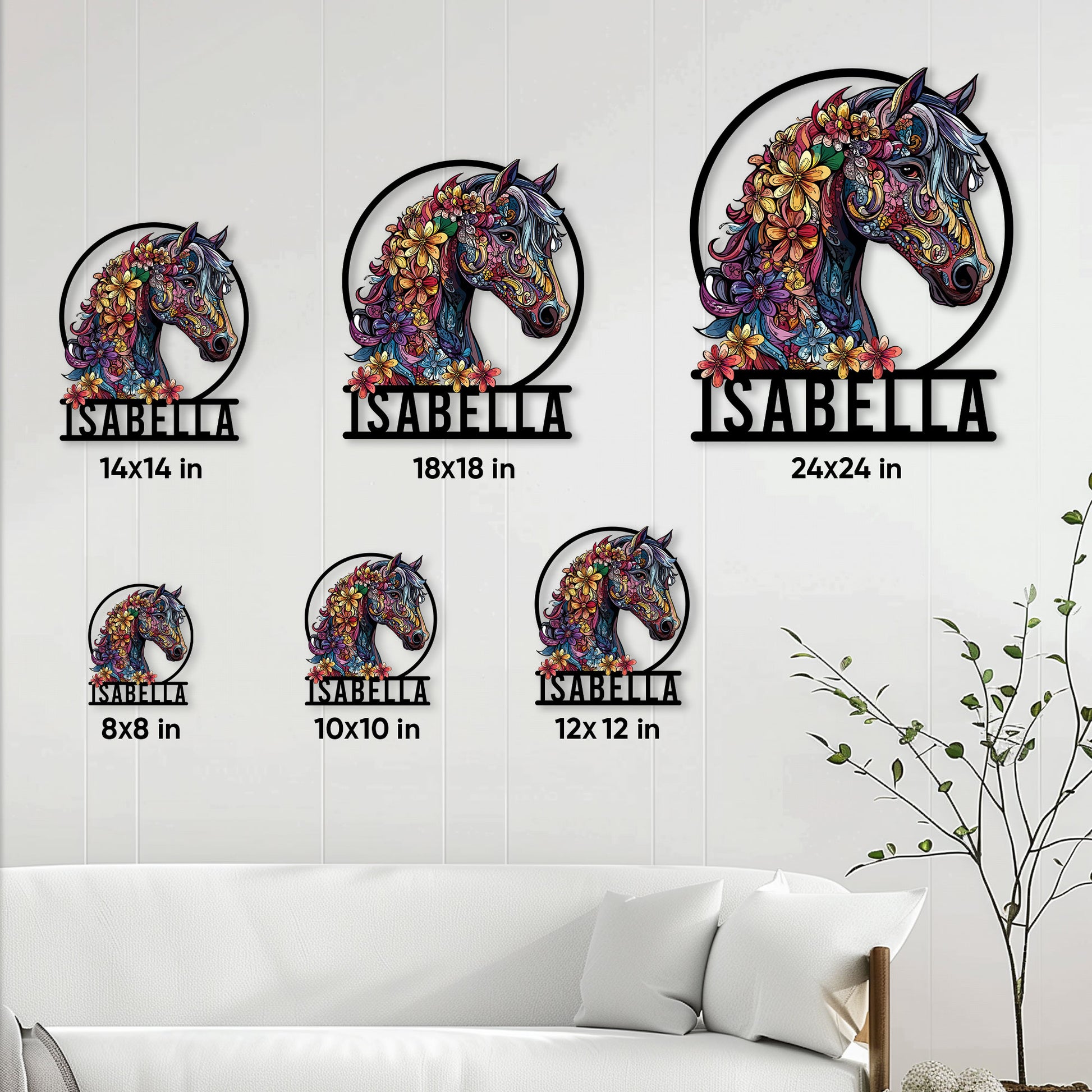 Floral horse metal sign size guide showing multiple available square dimensions from 8 by 8 to 24 by 24 inches